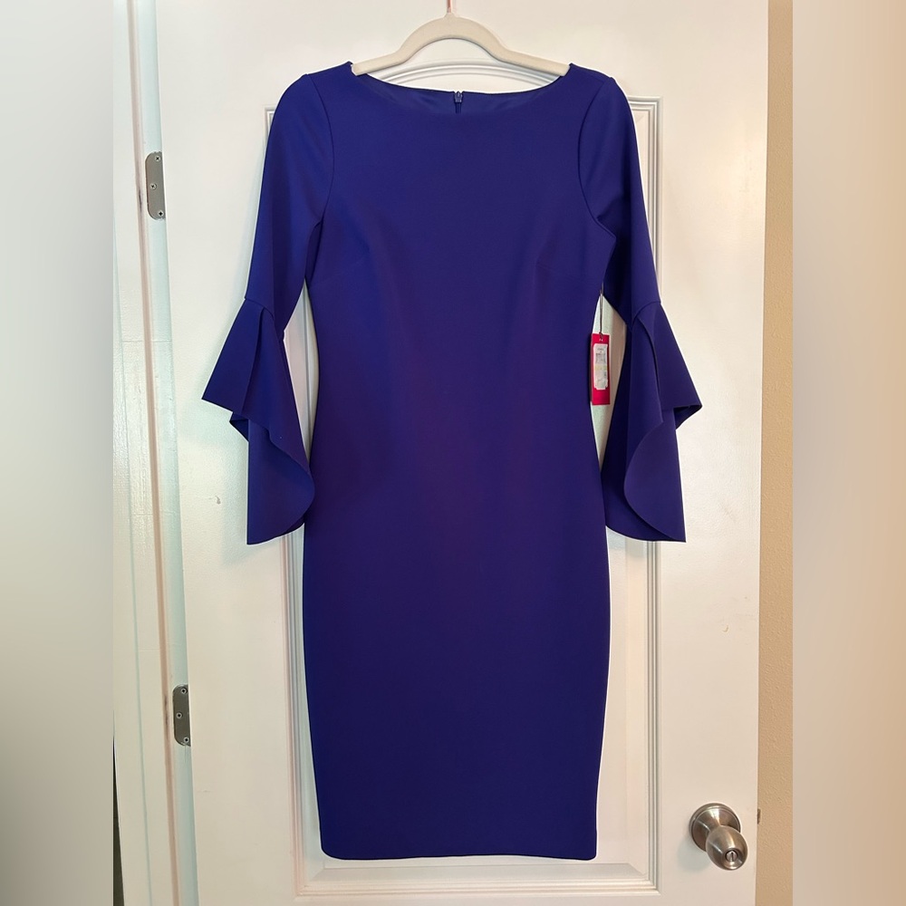 Vince Camuto Blue Purple Flutter Bell-Sleeve Sheath Dress
